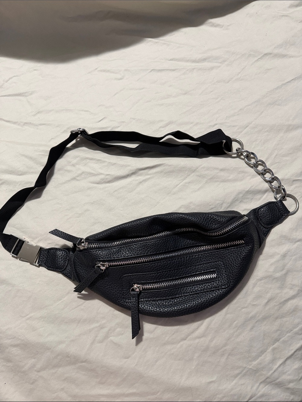 Classic Black Leather Belt Bag with Chain Accent